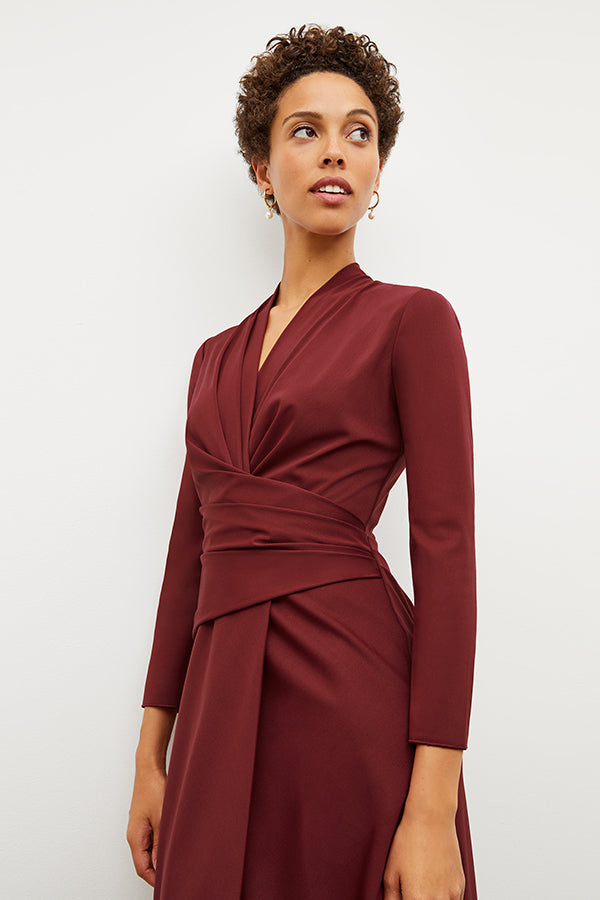 Front image of a woman wearing the carly dress in maroon | Exclude | Grid Hover