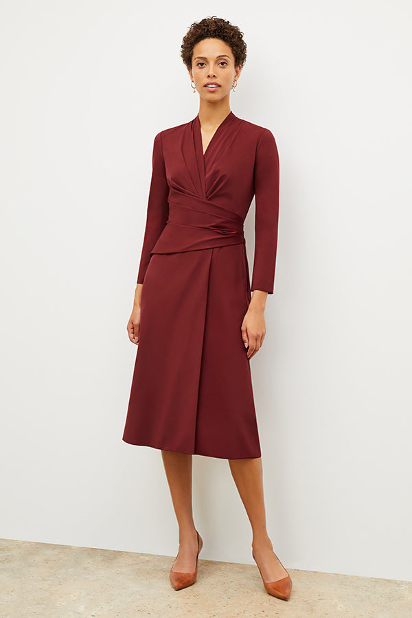 Front image of a woman wearing the carly dress in maroon | Exclude | Grid