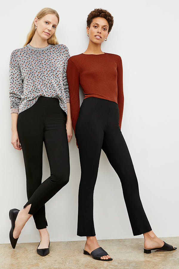 Front image of a woman wearing the skinny foster in black and a woman wearing the foster pant in black | Exclude