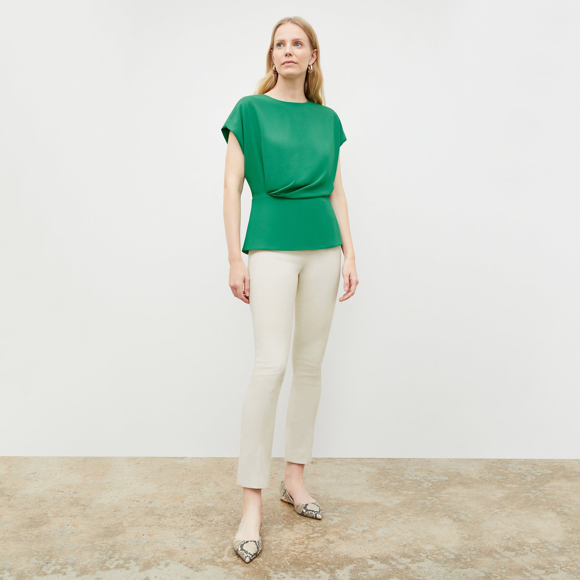 Front image of a woman standing wearing the Hockley Jean—Better Than Denim in Tusk | Exclude