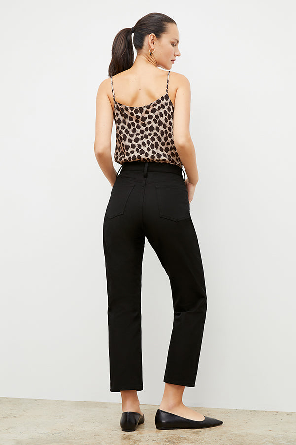 Front image of a woman standing wearing the Lisey Cami—Sahara Print Washable Silk in Tan/Black | Exclude