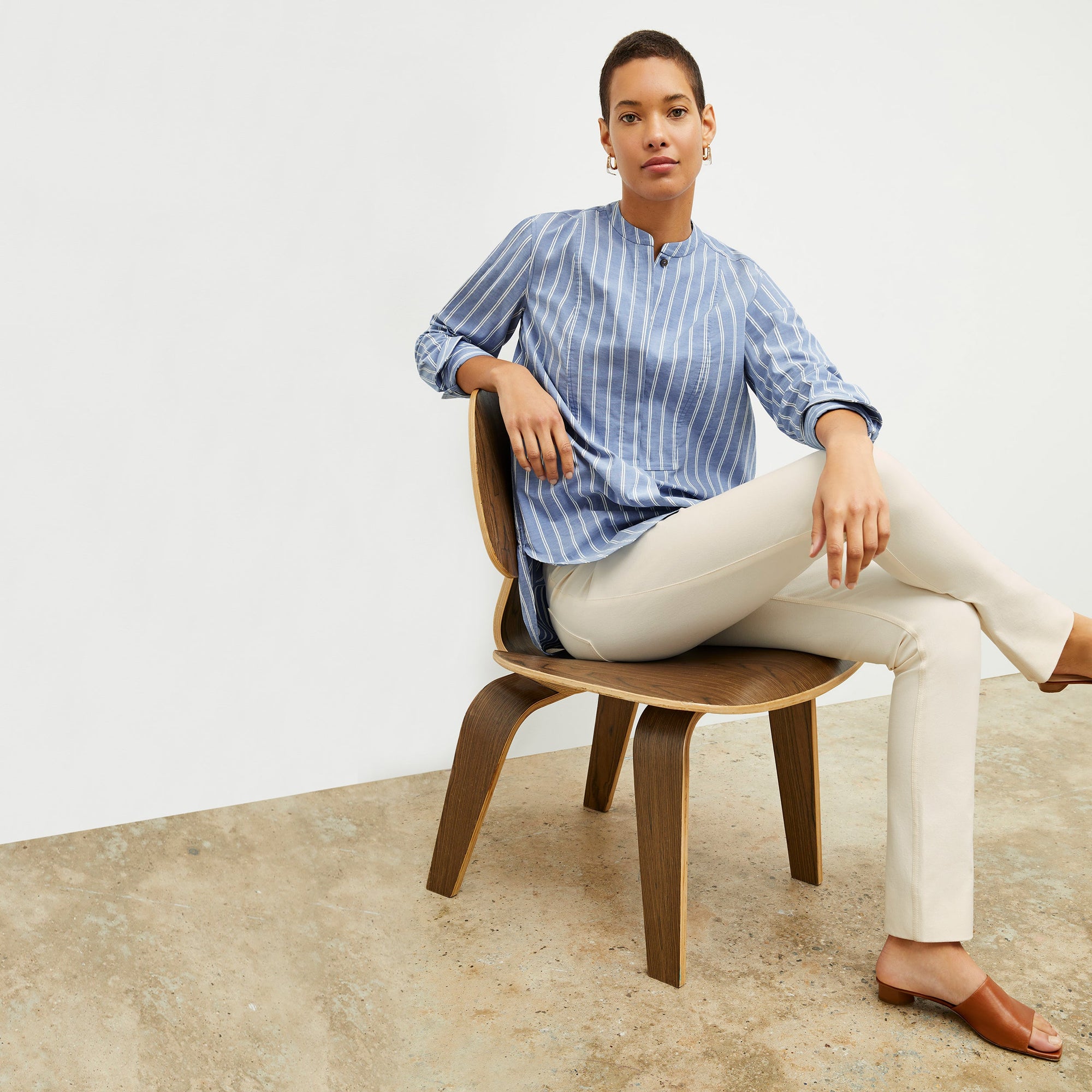 Front image of a woman standing wearing the Hockley Jean—Better Than Denim in Tusk | Exclude