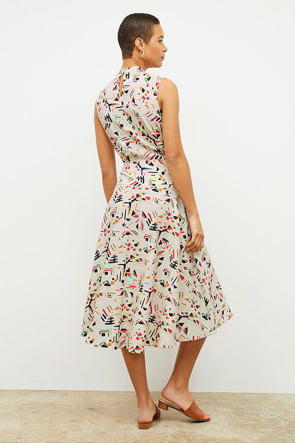 back image of a woman wearing the oona dress in rhythm print | Exclude