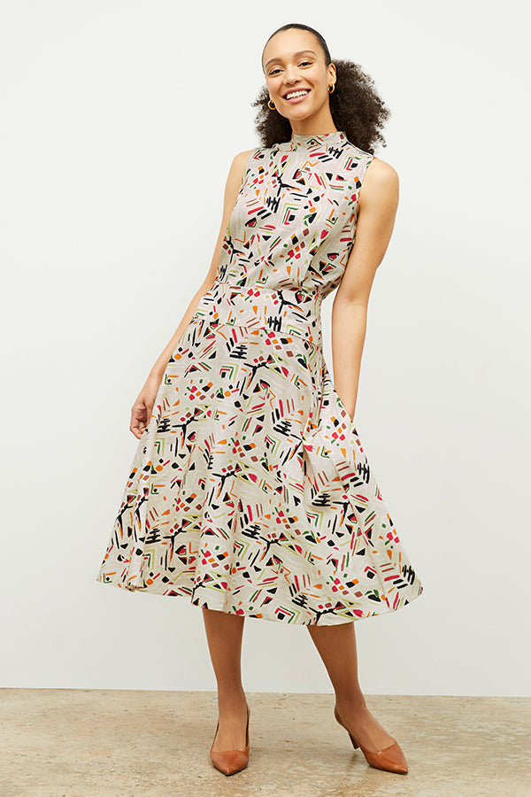 front image of a woman wearing the oona dress in rhythm print | Exclude | Grid