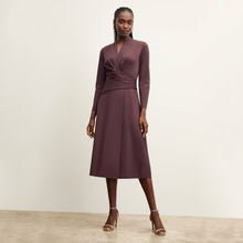 front image of a woman wearing the carly dress in grape | Lead