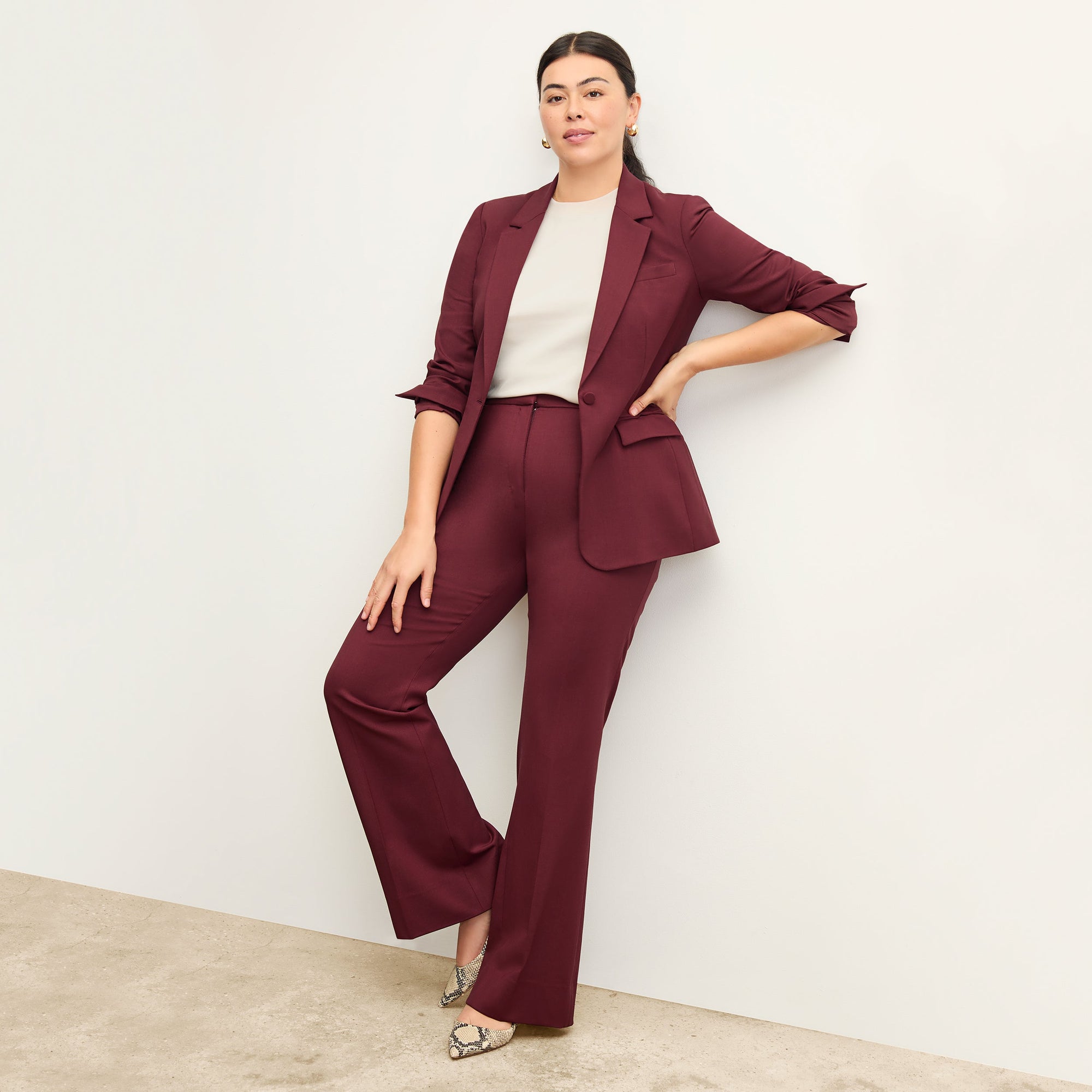 front image of a woman wearing the horton pant in shiraz
