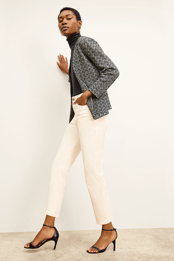 front image of a woman wearing the woolf jardigan in black/ivory | Exclude
