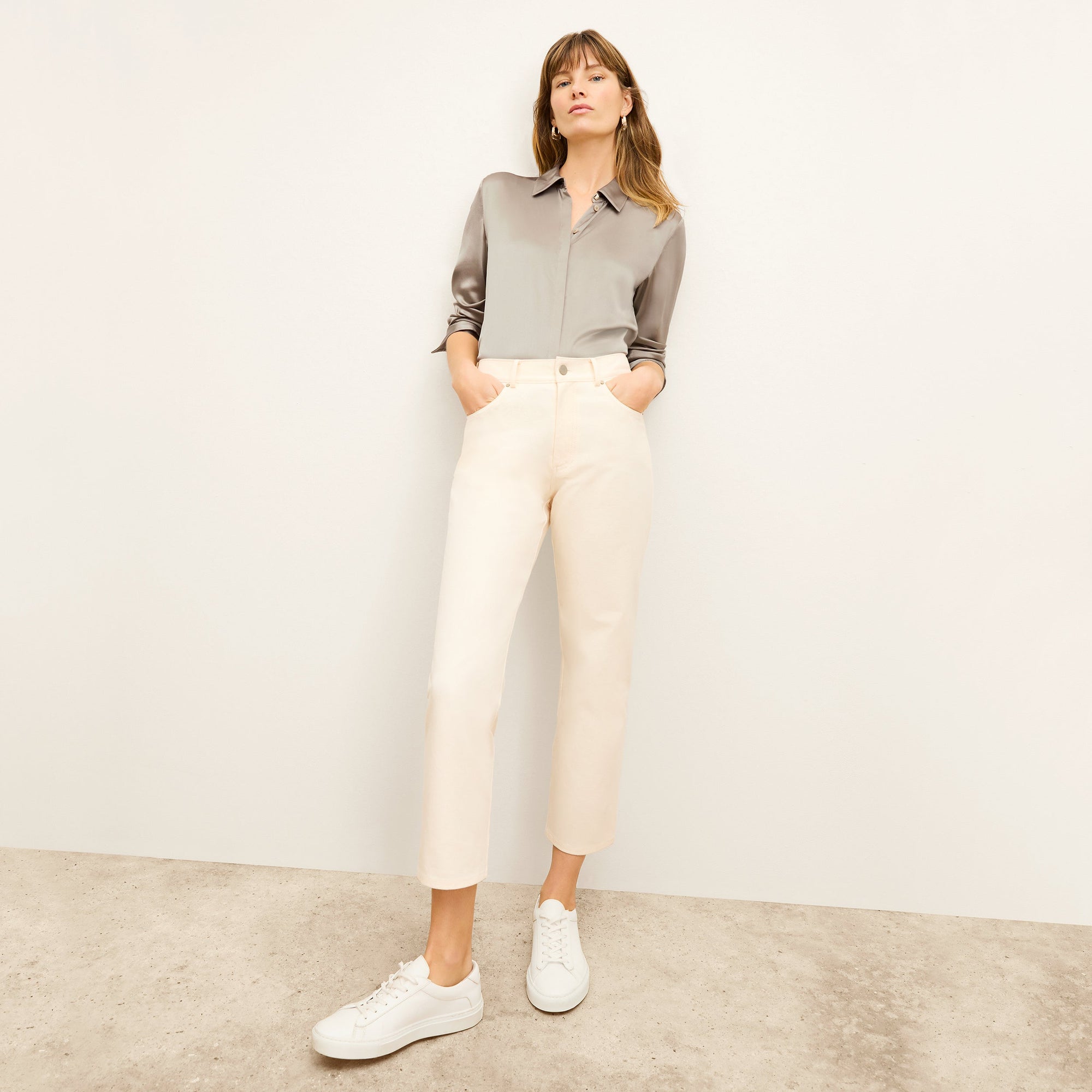 front image of a woman wearing the daria jean in tusk  | Exclude