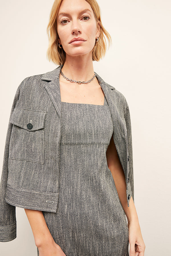 front image of a woman wearing the jennifer dress in black/ivory | Exclude | Grid Hover