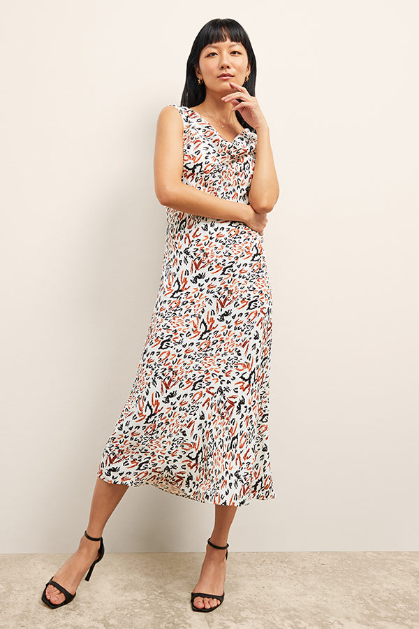 front image of a woman wearing the priya dress in leopard sketch | Exclude | Grid