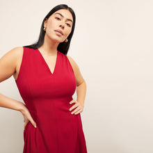 front image of a woman wearing the jaycie dess in rhubarb