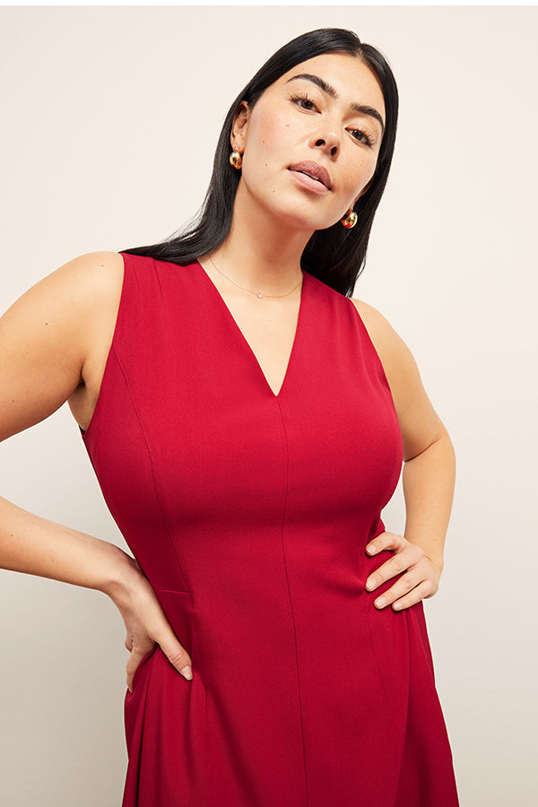 front image of a woman wearing the jaycie dess in rhubarb | Exclude | Grid Hover