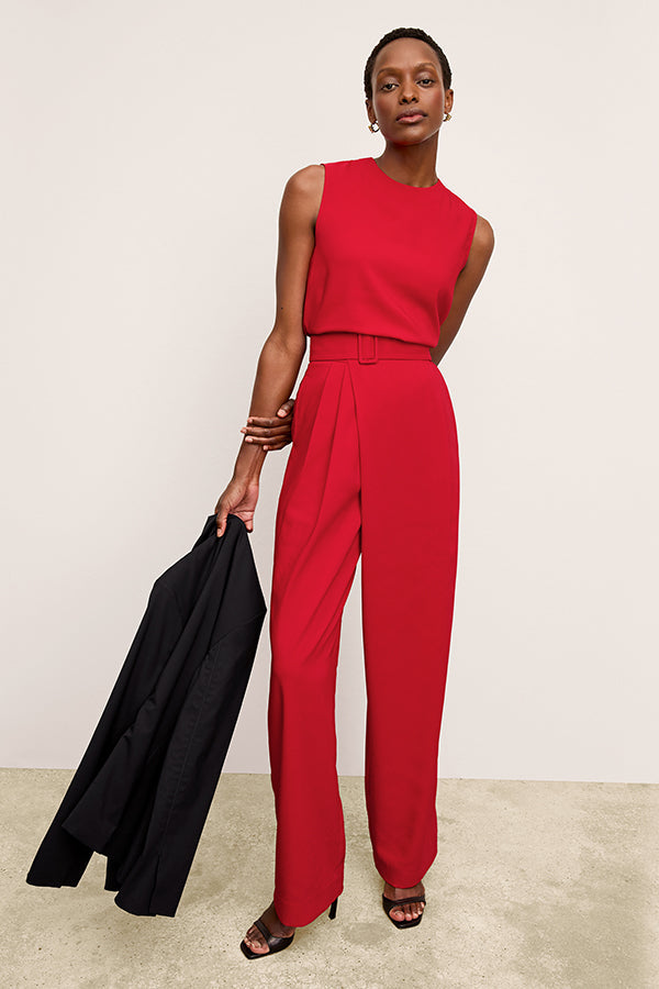 front image of a woman wearing the conway pants in maraschino | Exclude | Grid