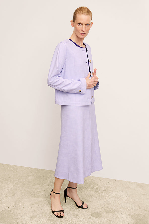 front image of a woman wearing the eva skirt in lilac/ivory | Exclude