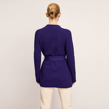 back image of a woman wearing the textured merritt jardigan in amethyst