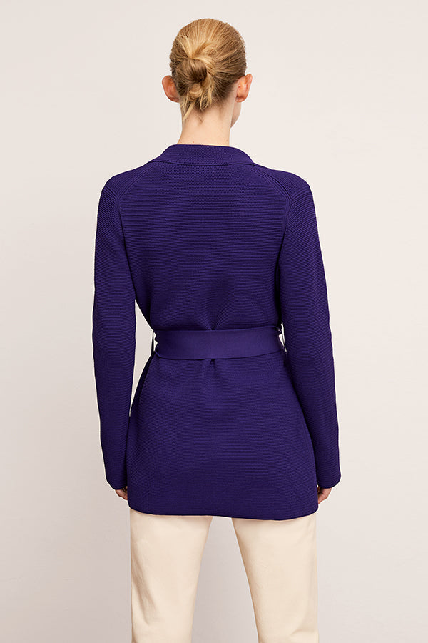 front image of a woman wearing the textured merritt jardigan in amethyst | Exclude
