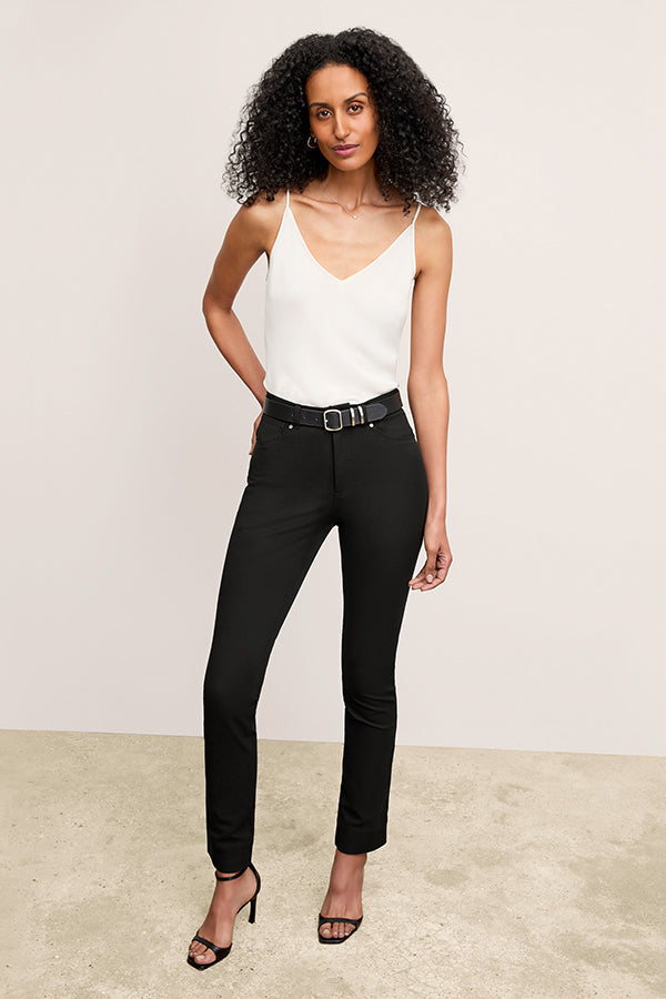 front image of a woman wearing the roma jean in black | Exclude | Grid