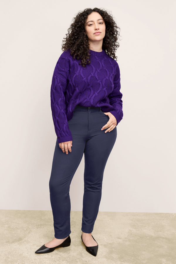 front image of a woman wearing the roma pants in dark navy | Exclude