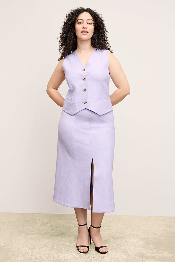 front image of a woman wearing the eva skirt in lilac/ivory | Exclude