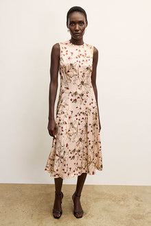 front image of a woman wearing the nyla dress in botanical print | Exclude | Grid