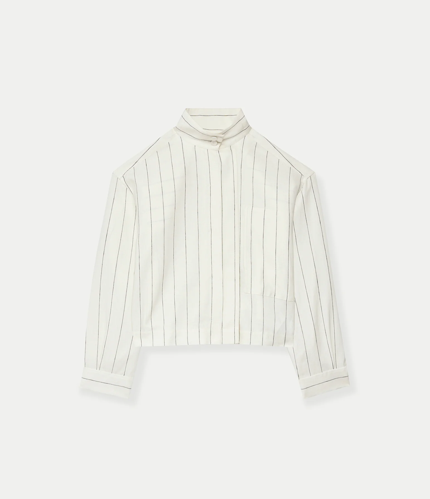 Another Tomorrow Mock Neck Pleat Shirt in Black/Off White – Linen Women's Top