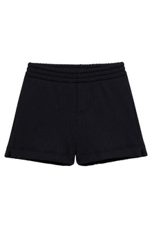 Black ribbed swim shorts with elastic waistband and cuffed legs.