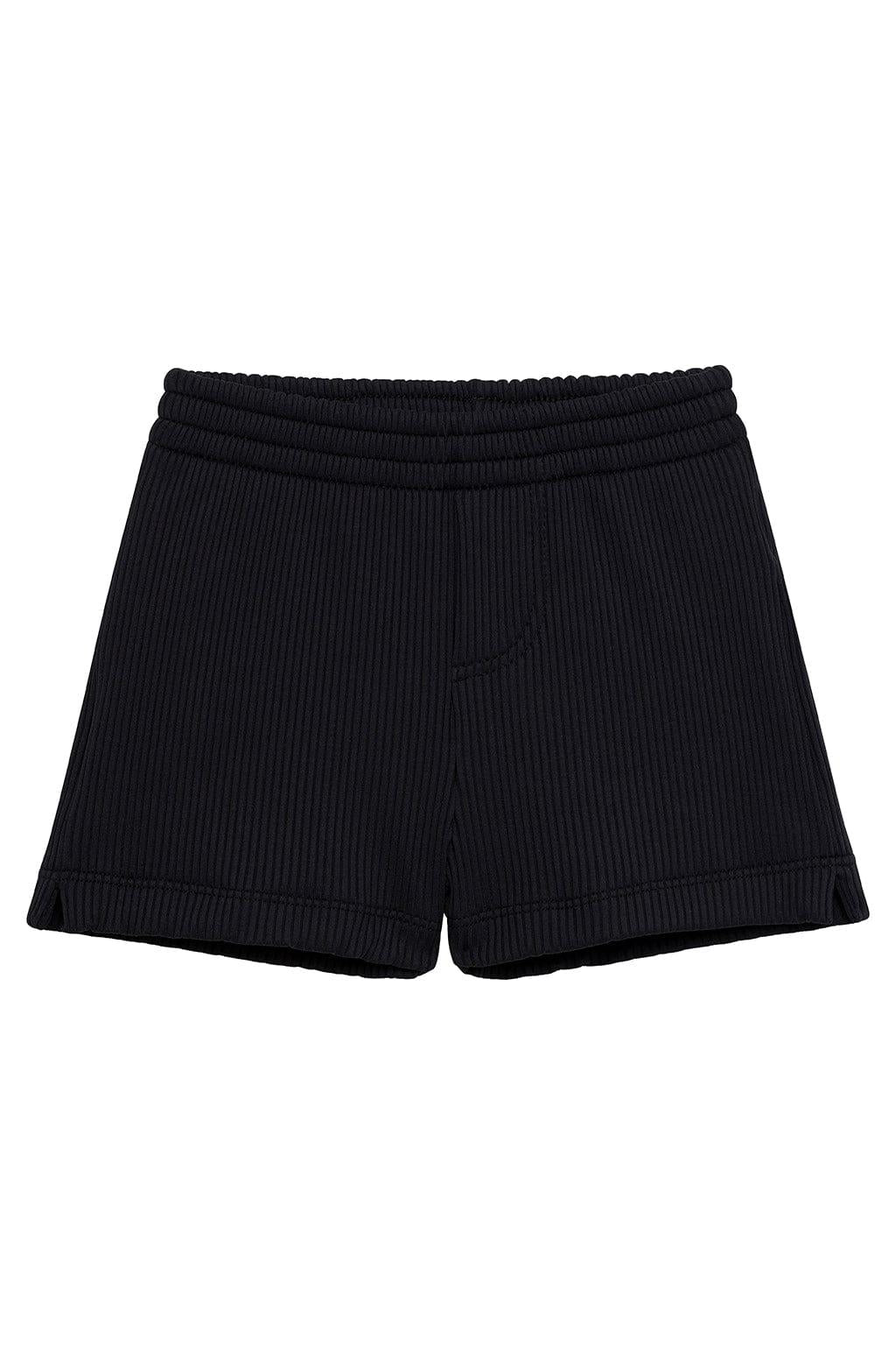 Black ribbed swim shorts with elastic waistband and cuffed legs.