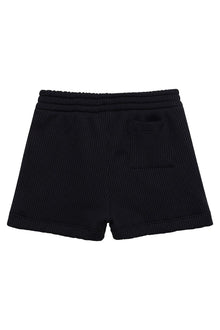 Black ribbed swim shorts with elasticated waistband and back pocket.