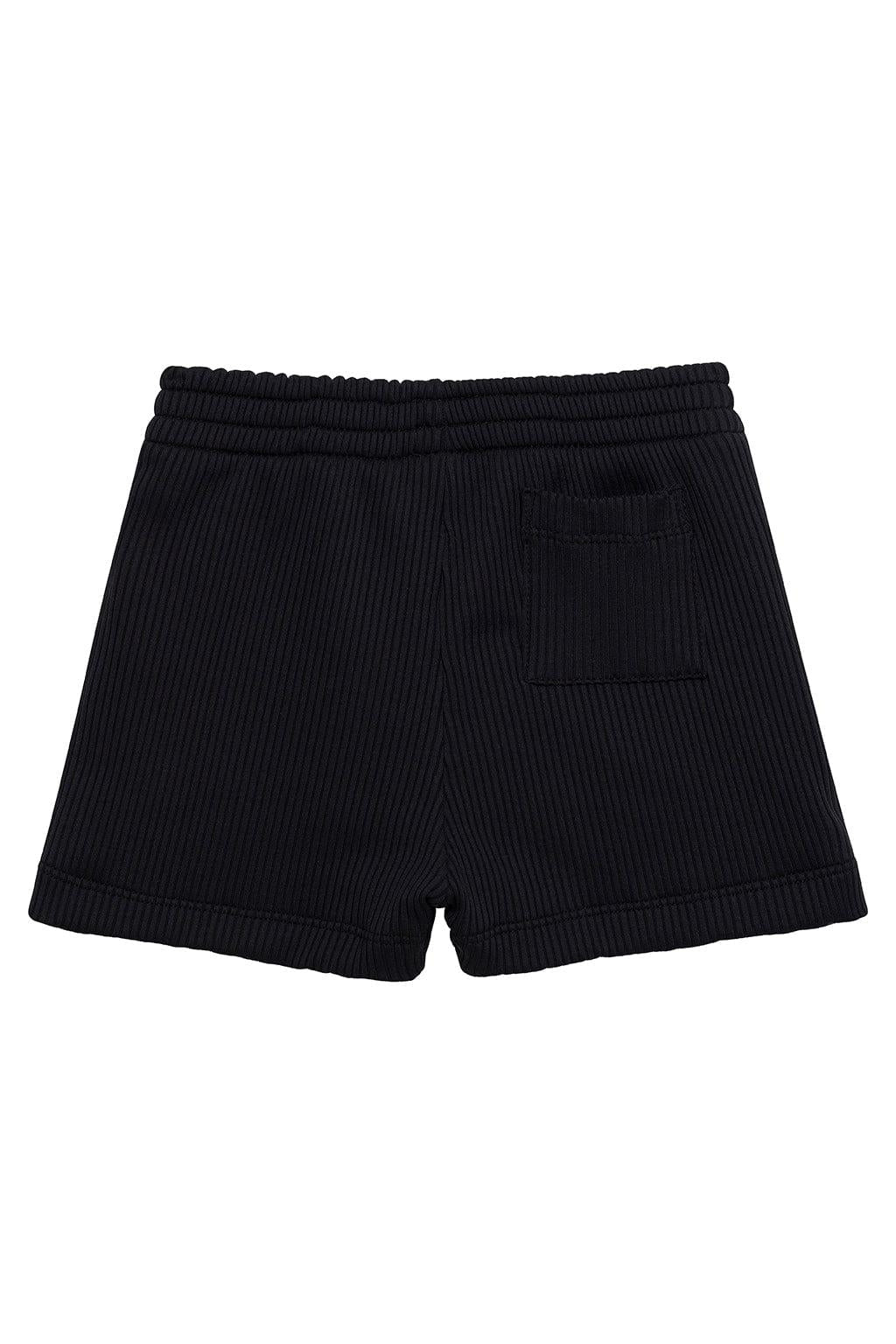 Black ribbed swim shorts with elasticated waistband and back pocket.