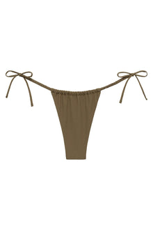 Khaki bikini bottom with tie-side scrunch design and adjustable bow straps.