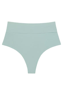 Powder blue high-rise bikini bottom with full coverage and wide waistband.