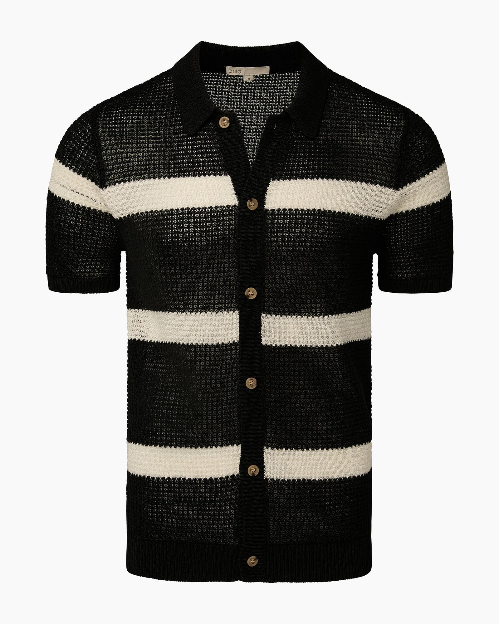 Mens | Linen Short Sleeve Button Up Sweater | Black/Egret