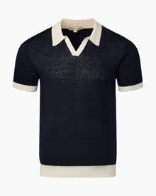 Mens | Linen Johnny Collar Polo Sweater | Deep Navy/White