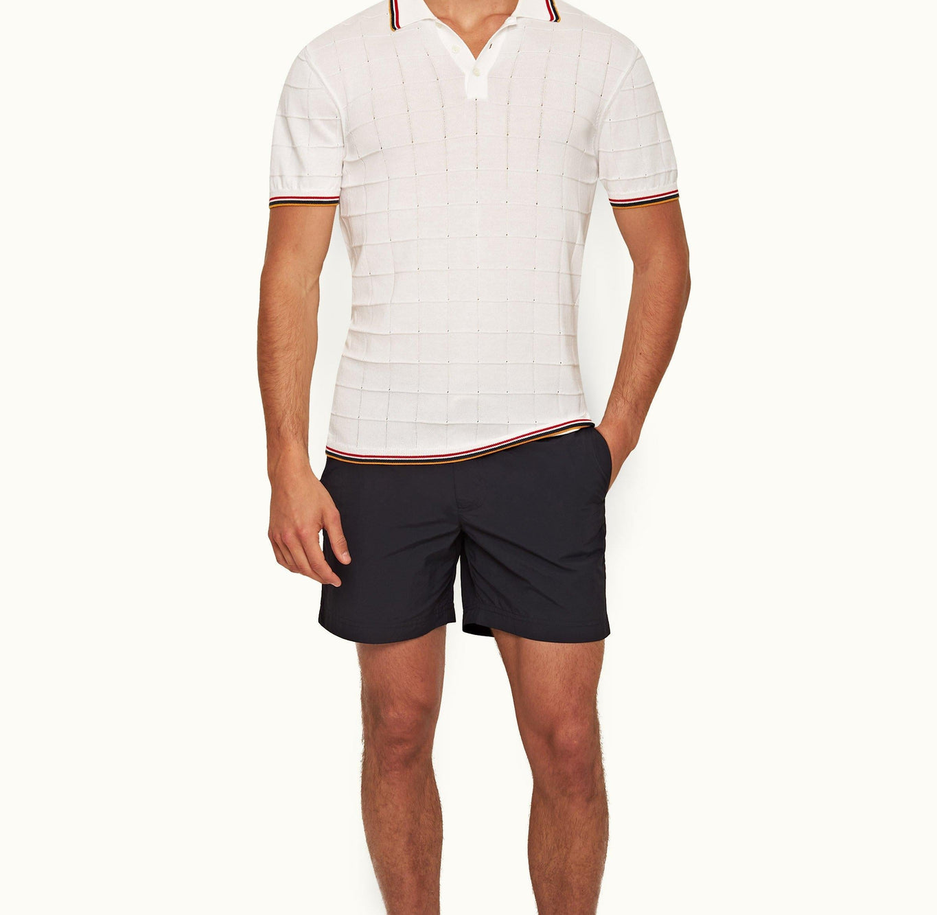 Maranon Tipping Tailored Fit Pointelle Grid Stitch Organic Cotton Polo Shirt | White