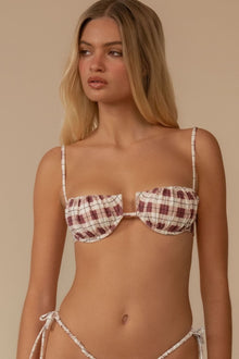 Maroon and cream plaid bikini top with ruched petal cups and thin shoulder straps.