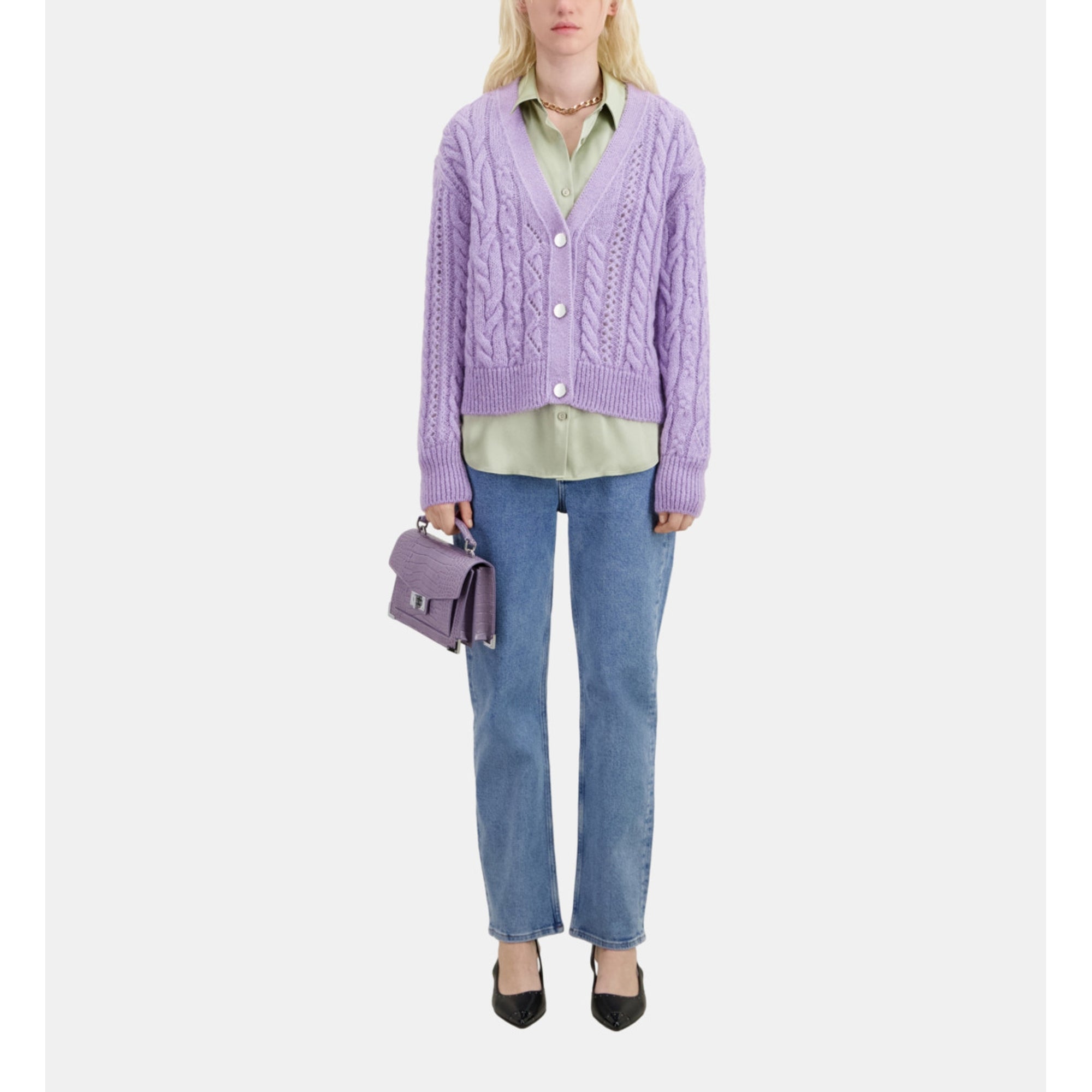 Mauve Cable-Knit Wool-Blend Cardigan | Women | Violet