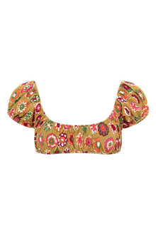 Khaki bikini top with multicolored floral print and ruffled puff sleeves.