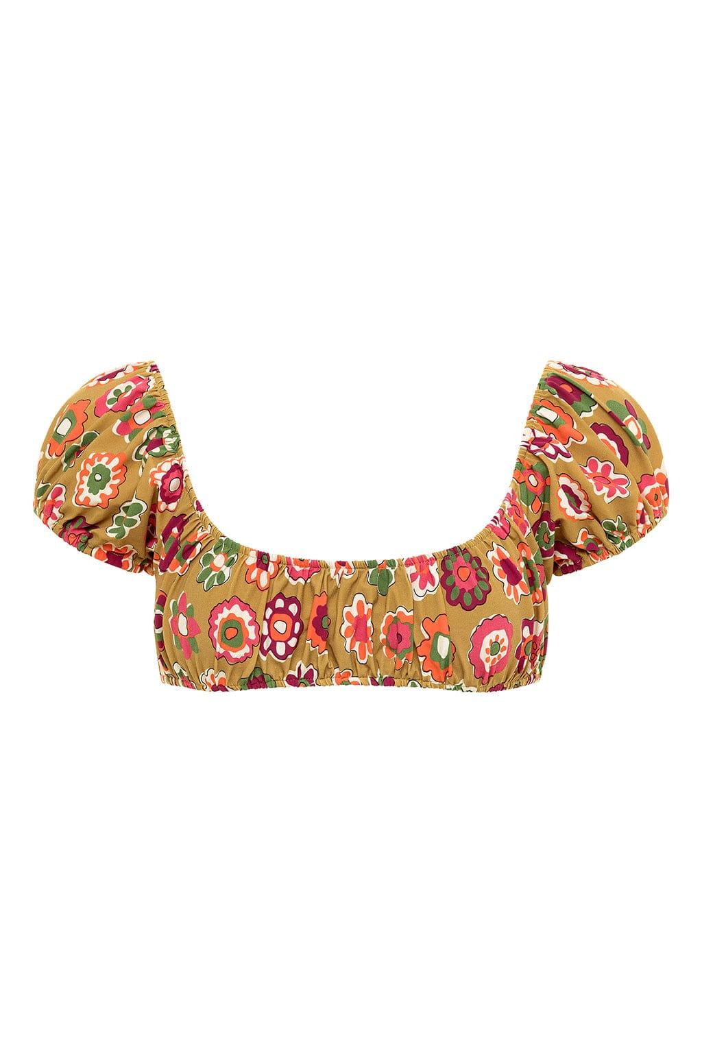 Khaki bikini top with multicolored floral print and ruffled puff sleeves.