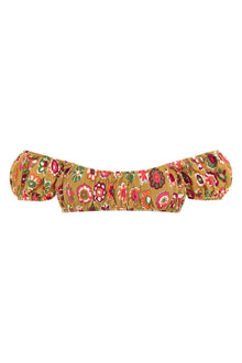 Gold bikini top with red, pink, and green floral print and puffed off-shoulder sleeves.