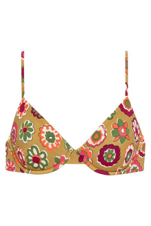 Mustard bikini top with colorful floral print in red, pink, green, and white, featuring thin adjustable straps.
