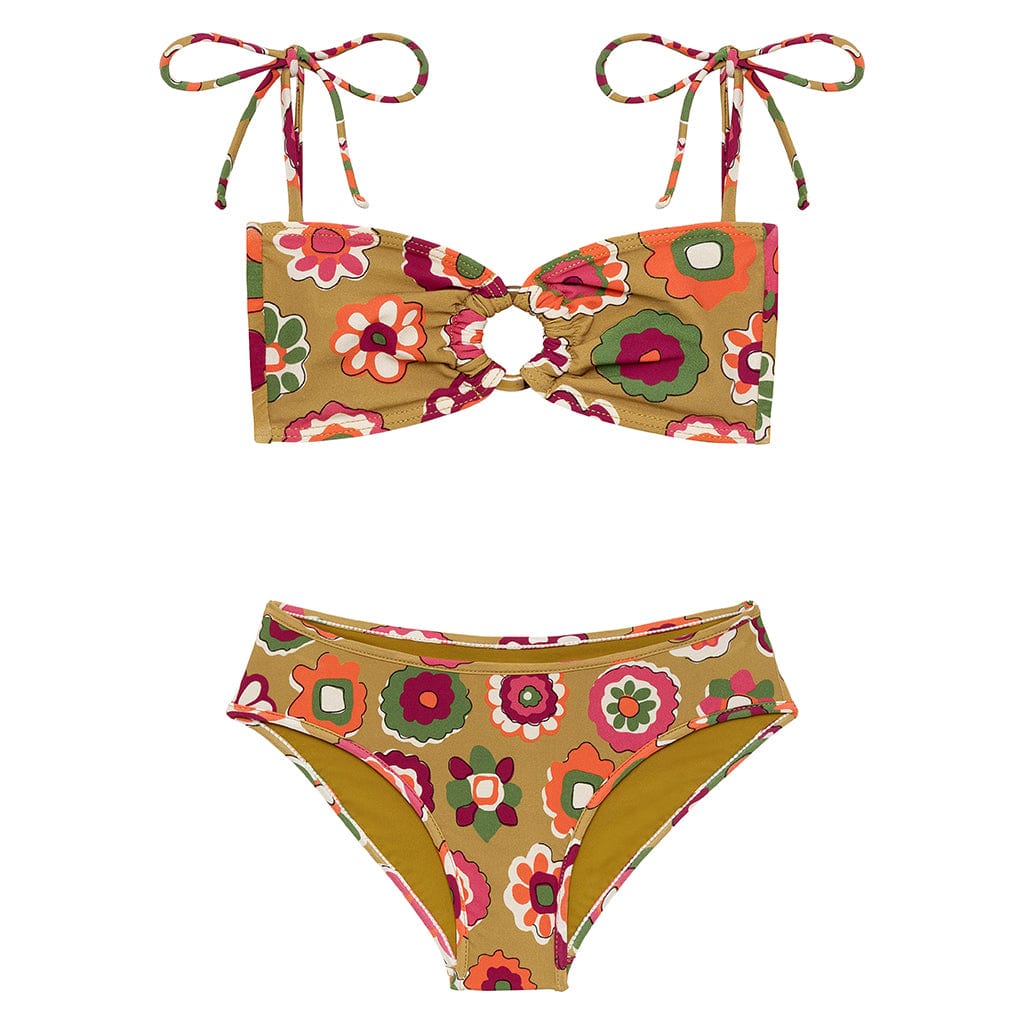Olive bandeau bikini top and bottom with colorful floral print and tie-shoulder straps.