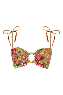 Bandeau bikini top with colorful floral print on tan background and multi-colored tie straps with ring details.