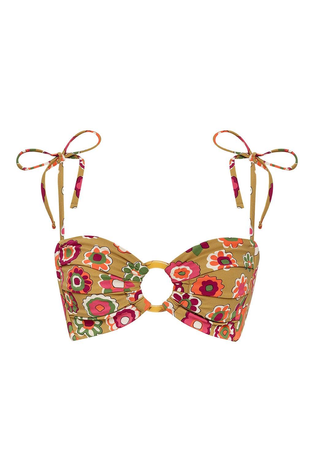 Bandeau bikini top with colorful floral print on tan background and multi-colored tie straps with ring details.
