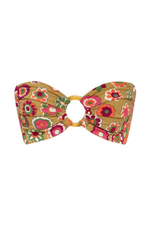 Bandeau bikini top with colorful floral print in pink, orange, and green on tan background with center ring cutout.