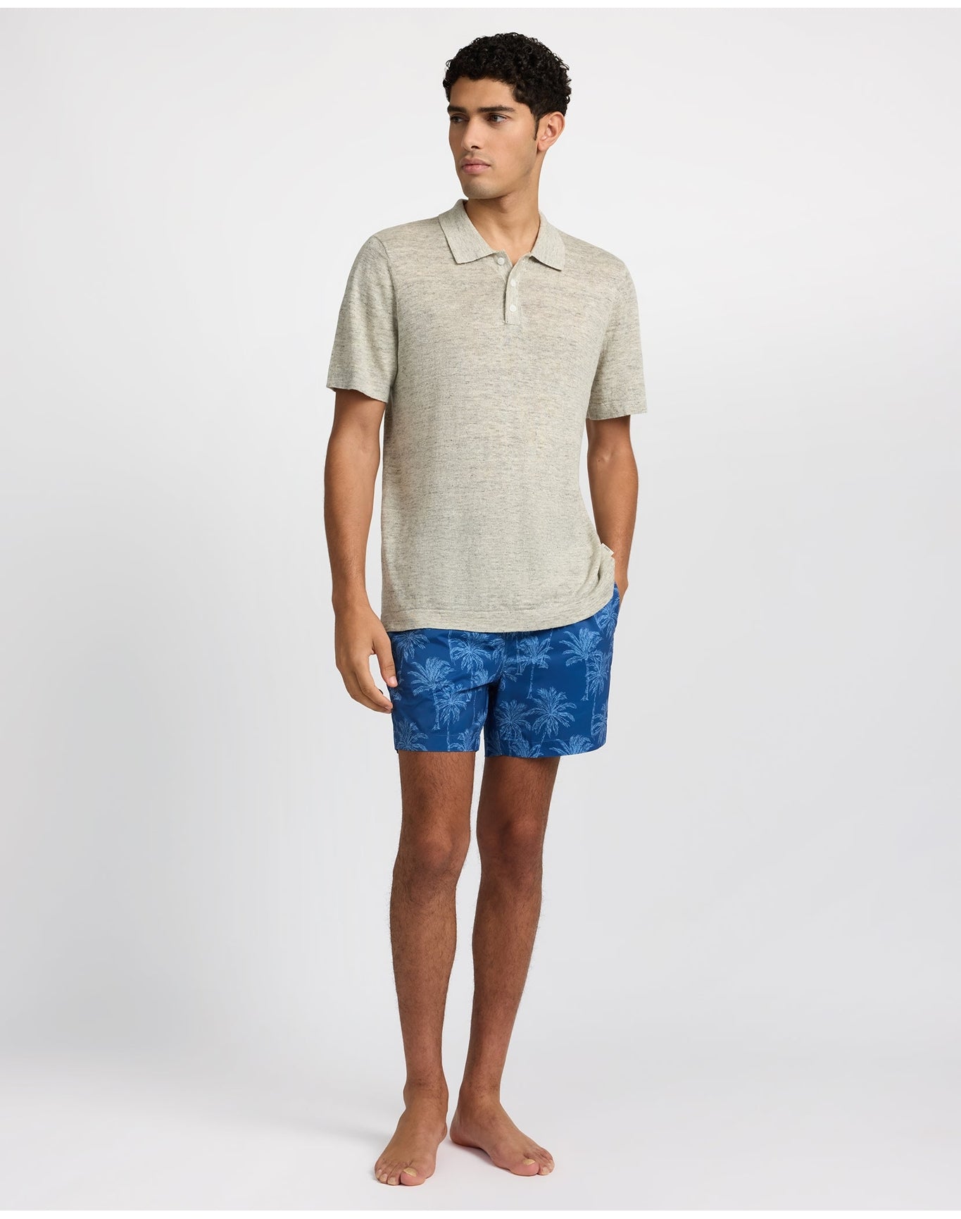 Men | Linen Sweater Polo | Light Grey Melange