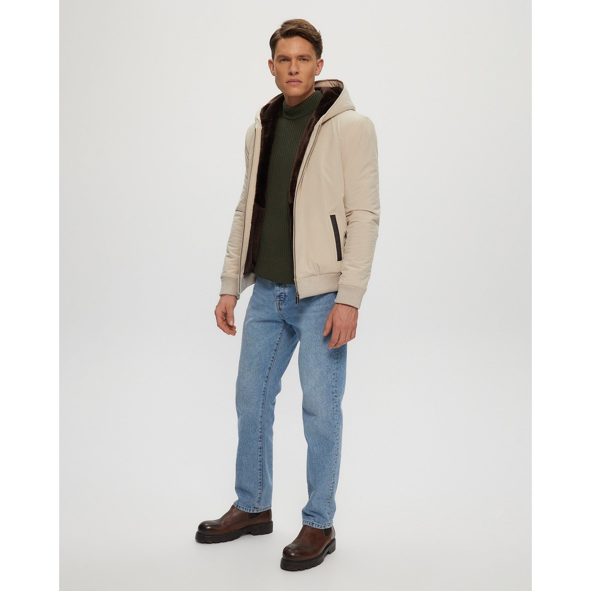 Men | Shearling Lined Bomber Jacket | Beige/Brown