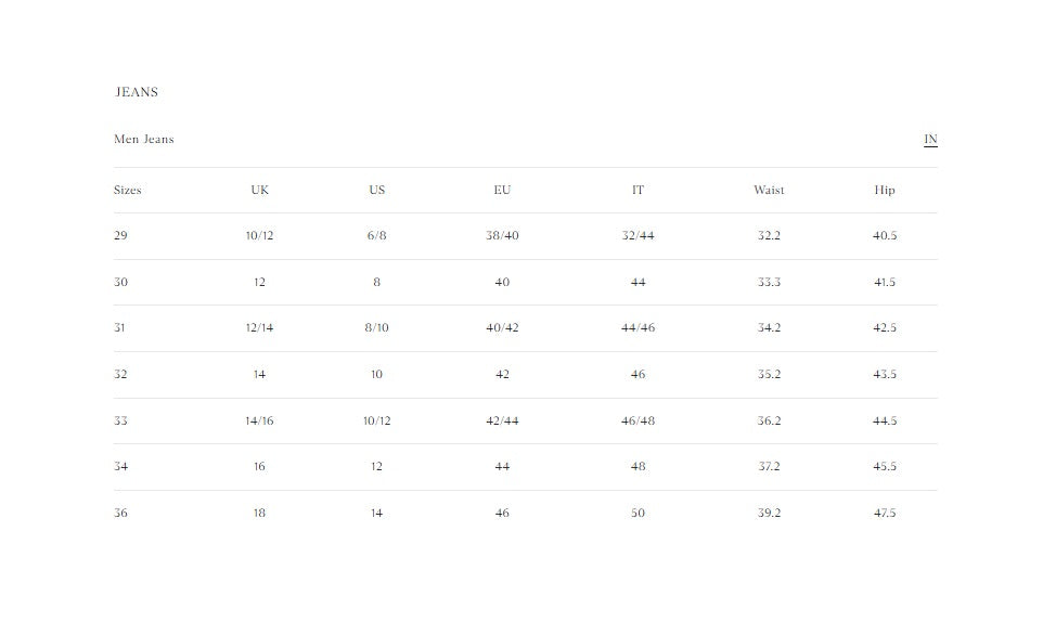 Product size guide