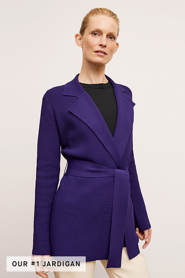 front image of a woman wearing the textured merritt jardigan in amethyst | Exclude | Grid