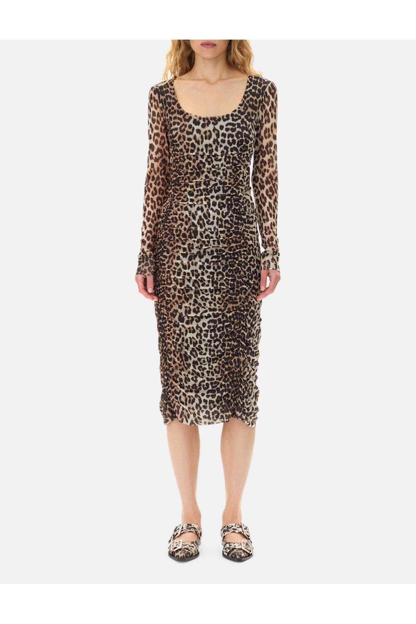 Mesh Printed Ruched Midi Dress | Leopard