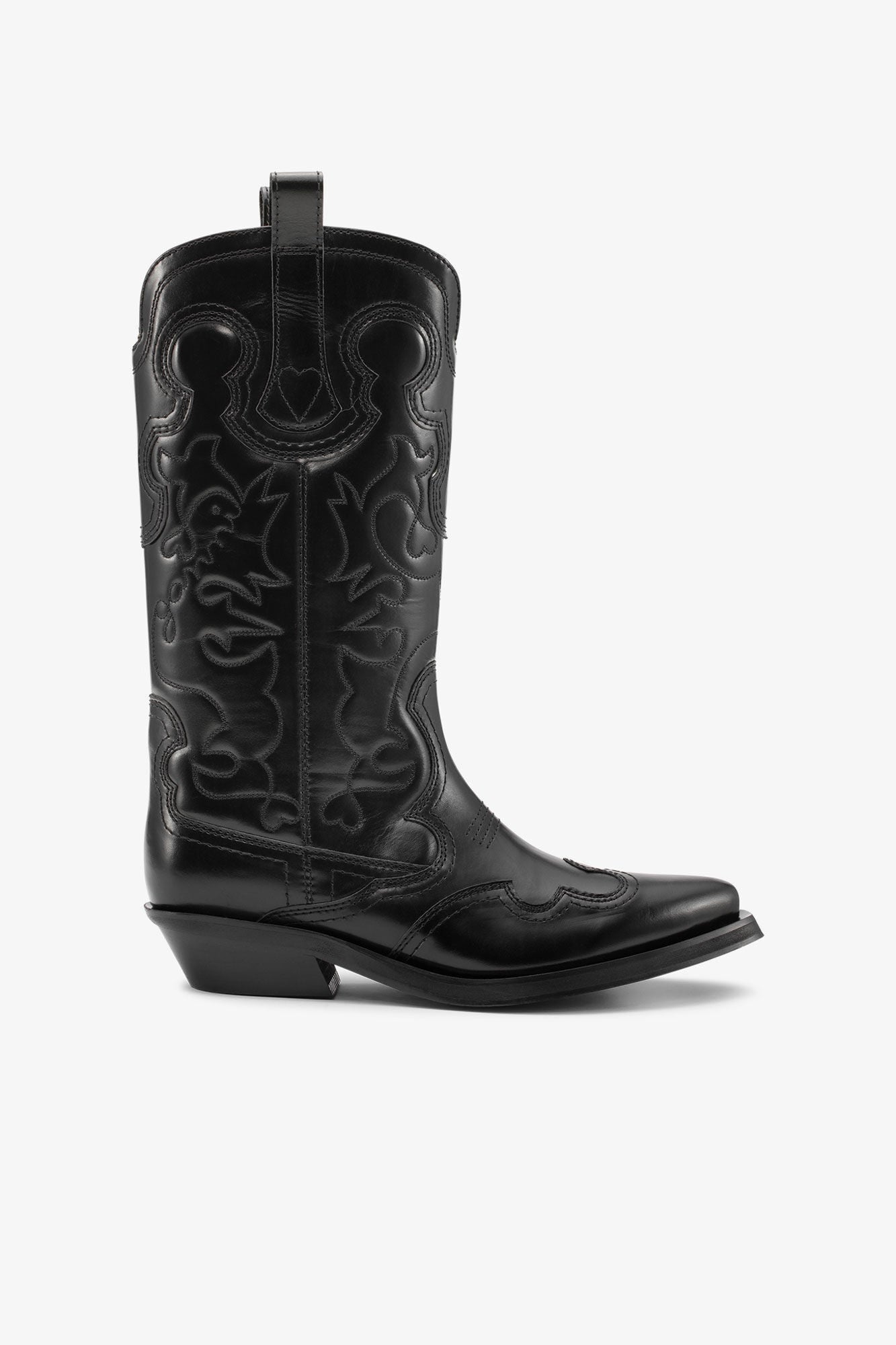 Mid Shaft Embroidered Western Boots | Black/Black